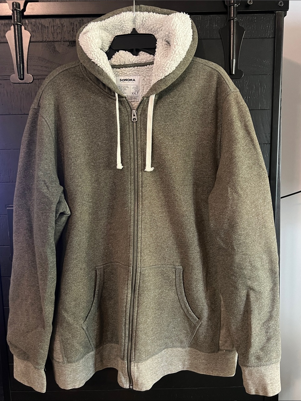 Sonoma Olive Green Zip-Up Hoodie with White Sherpa Hood